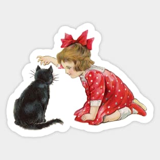 Little girl playing with black cat at Christmas Sticker